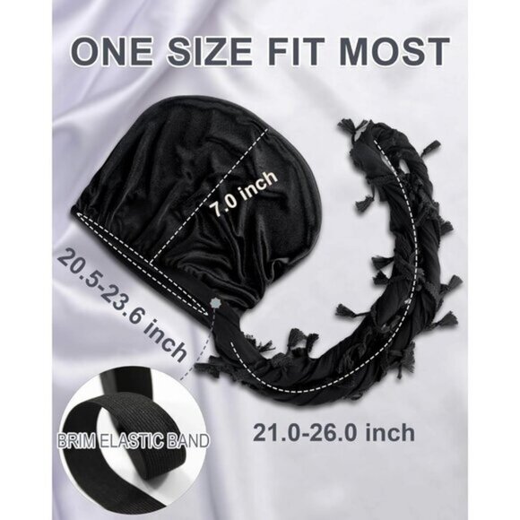 ⚡Men Women 1 Pcs- Black Satin Head Wraps Skull Cap Tassels Braid Beanie Turban - Picture 3 of 9